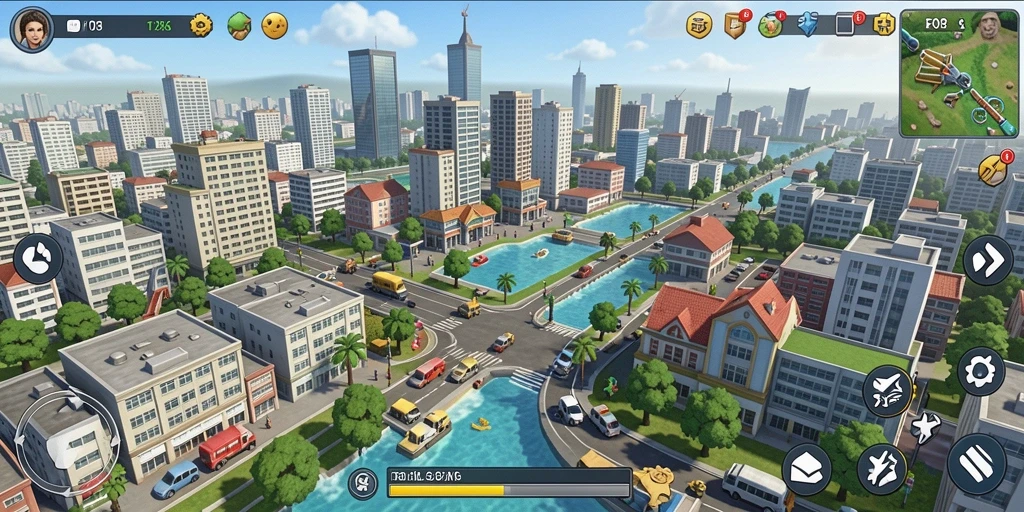Tampilan gameplay menarik dari F08 dengan strategi pembangunan yang mendetail.