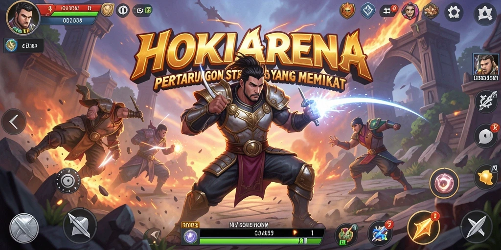 Screenshot gameplay HOKIARENA menunjukkan pertempuran strategis yang intens.