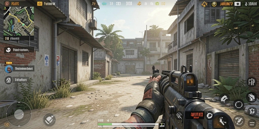 Screenshot menampilkan aksi seru dalam permainan FPS JARUM77.