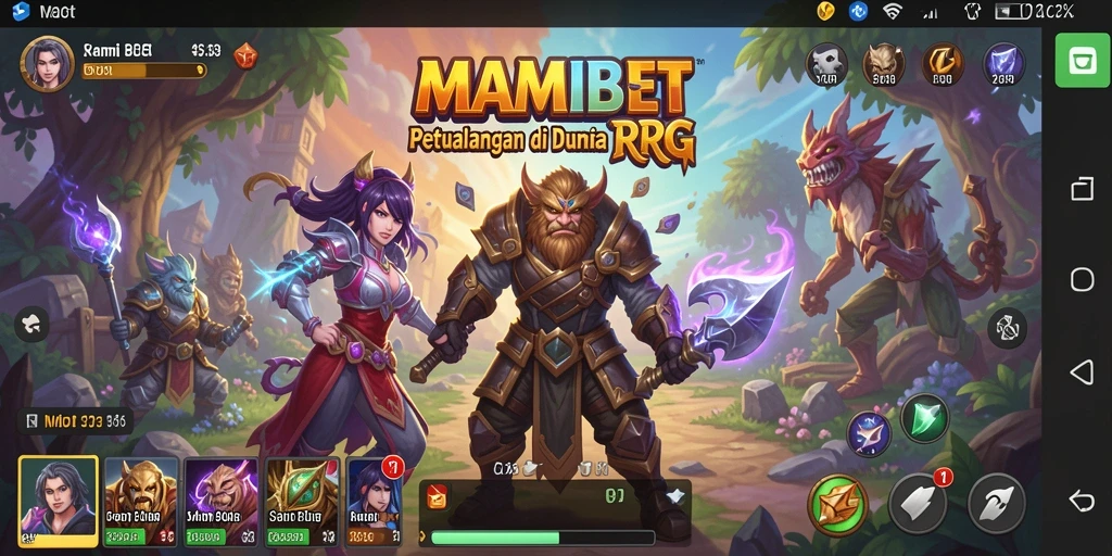 Screenshot MAMIBET menampilkan karakter dalam pertempuran epik di dunia fantasi.