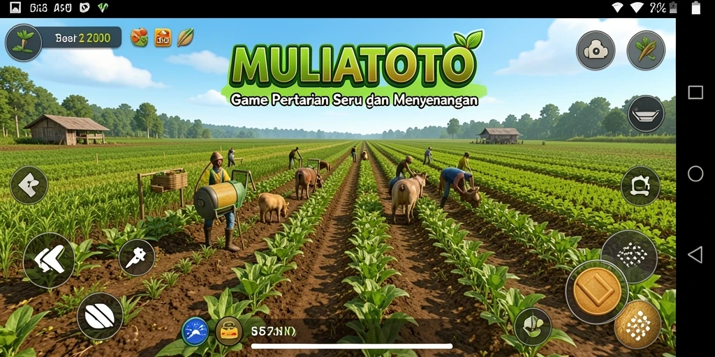 Screenshot gameplay <strong>MULIATOTO</strong> yang menunjukkan ladang pertanian yang subur.
