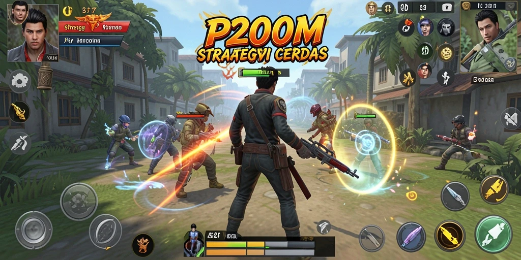 Tangkapan layar utama menampilkan aksi gameplay P200M yang seru dalam pertempuran strategi.