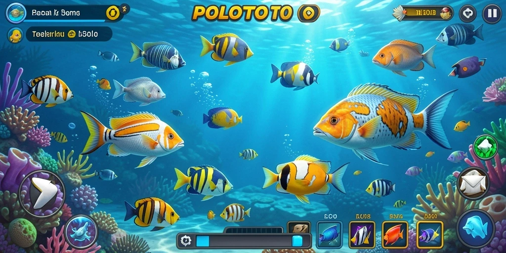 Tangkapan layar utama POLOTOTO menampilkan momen seru menembak ikan.