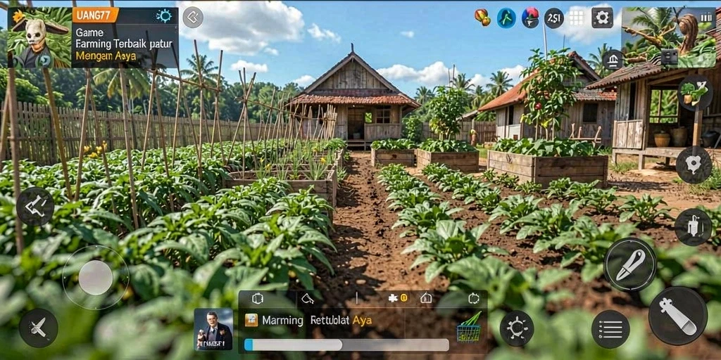 Screenshot gameplay UANG77 yang menampilkan aktivitas berkebun.